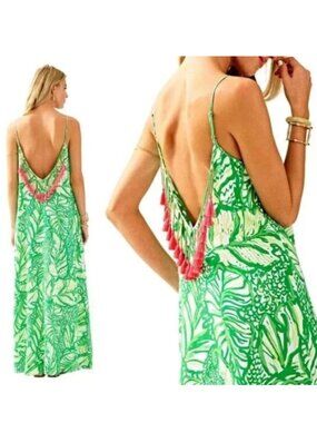 Lilly Pulitzer Allair Maxi Beach Dress Toucan Green Bead Tassel Backless caftan